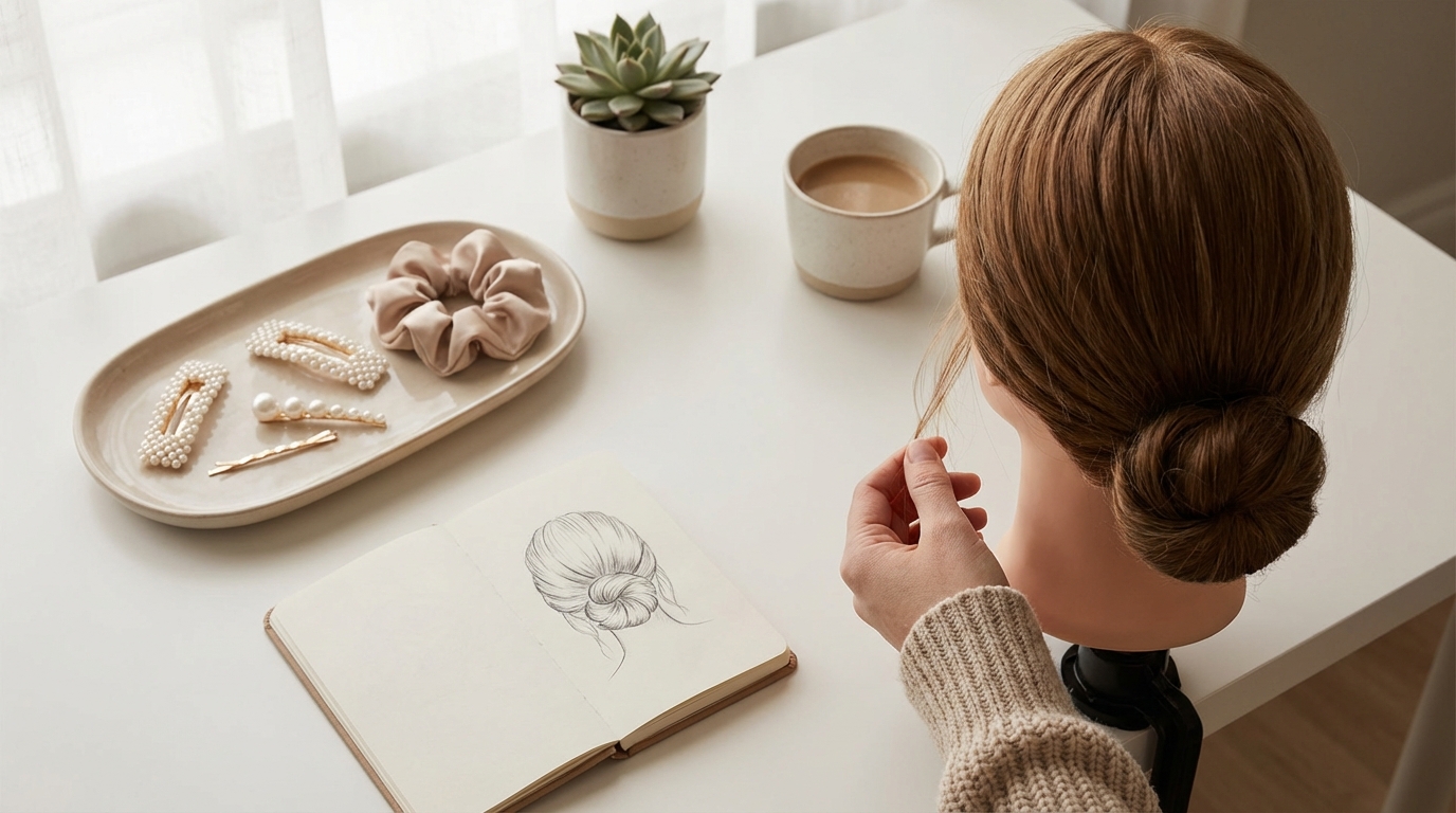 목선 아래로 느슨하게 묶는 클래식 로우번 스타일링