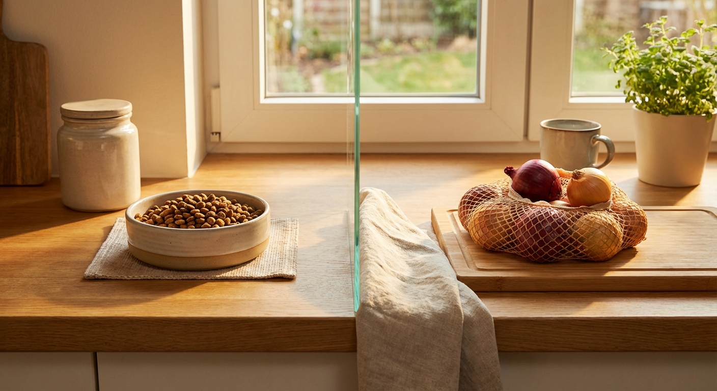 주방 조리대 위 양파와 고양이 사료가 분리된 모습