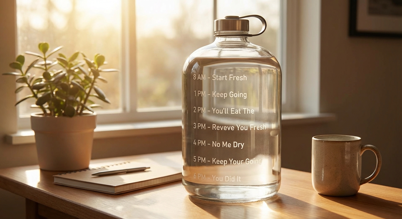 책상 위에 놓인 대용량 물병과 시간별 눈금