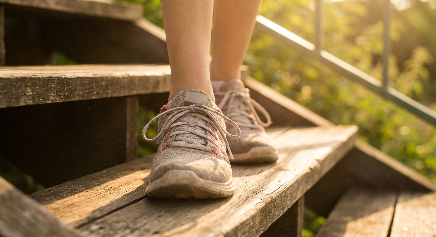계단을 오르는 운동화 클로즈업