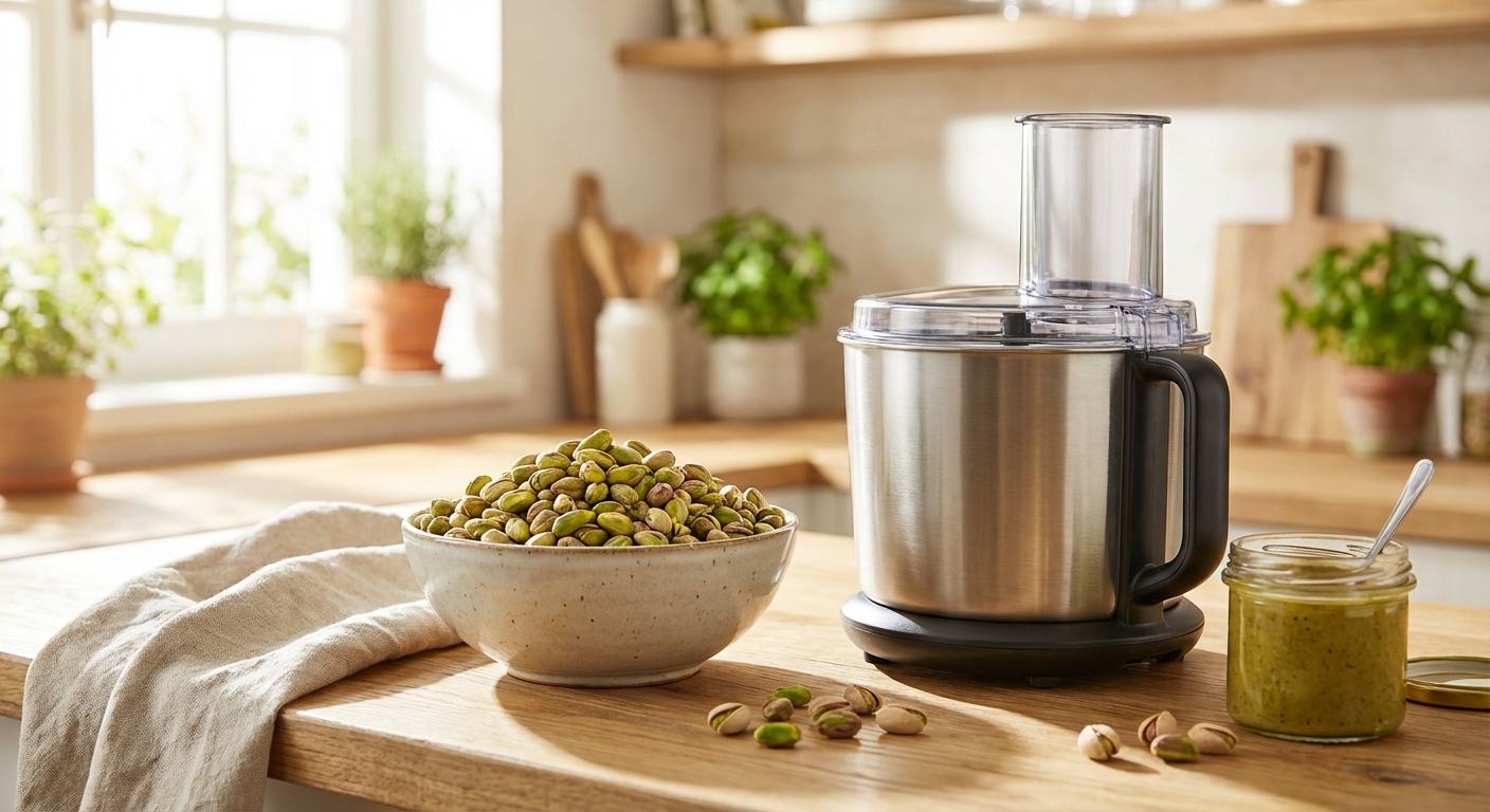 볼에 담긴 생 피스타치오와 푸드프로세서