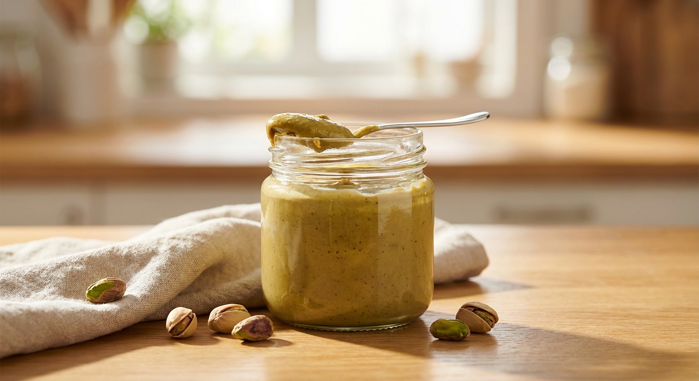 유리병에 담긴 완성된 피스타치오 스프레드