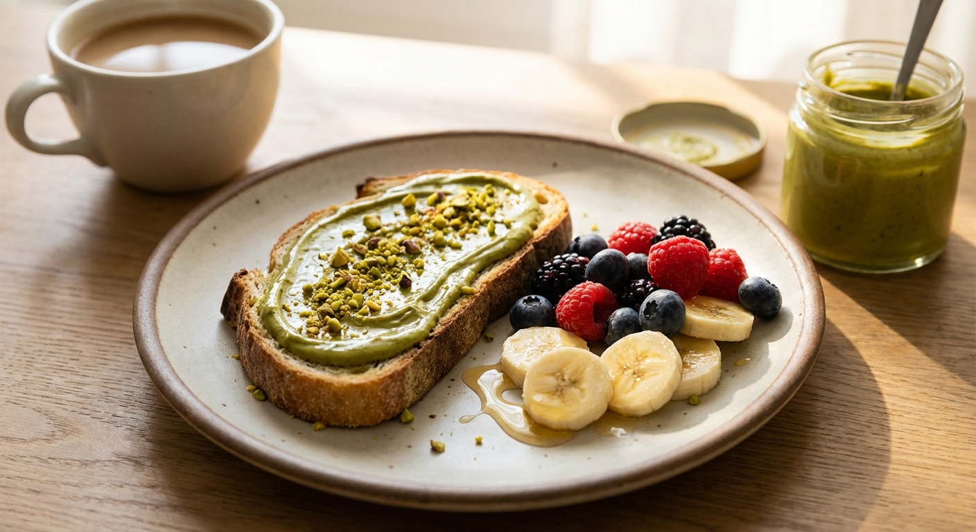 피스타치오 스프레드를 바른 토스트와 과일이 놓인 브런치 플레이트