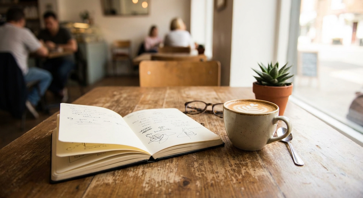 카페 테이블 위 노트와 커피잔