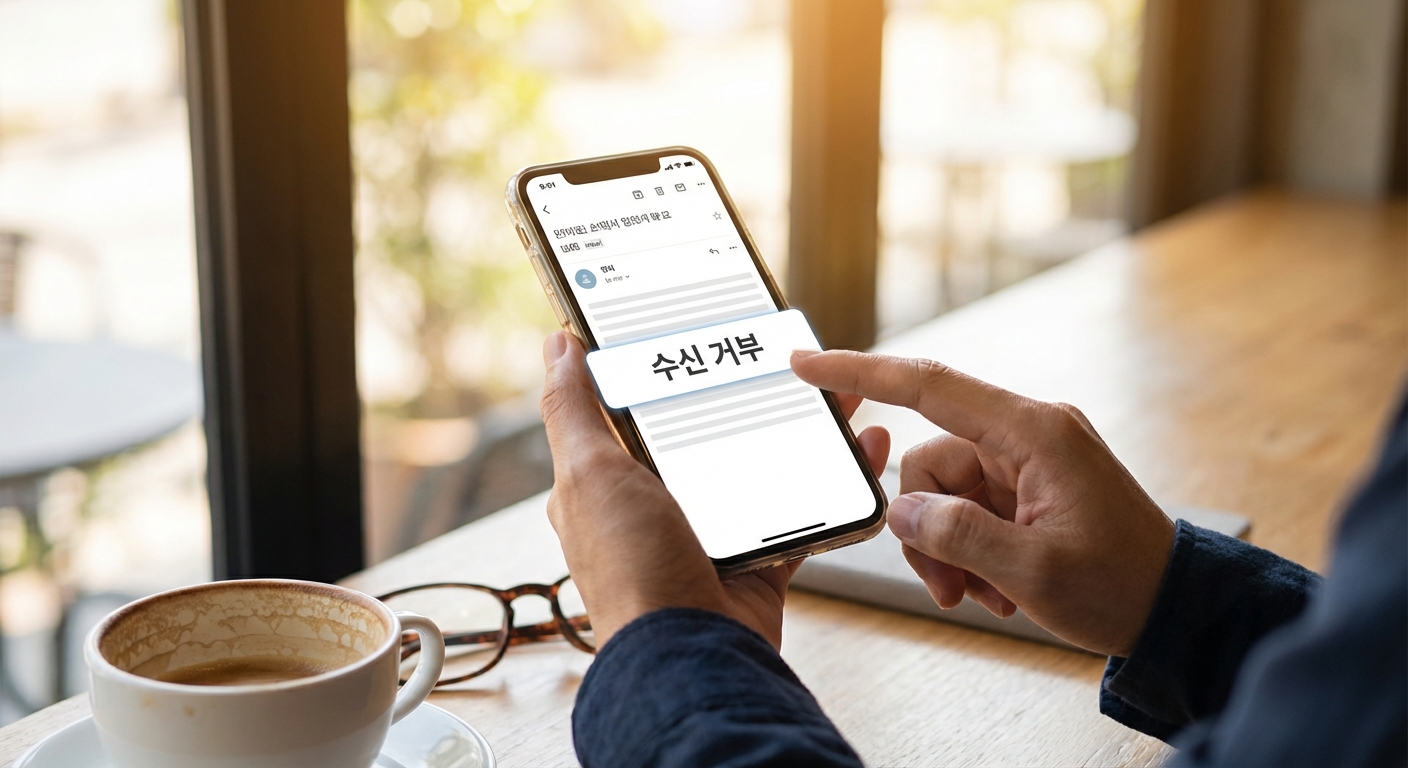 스마트폰으로 메일 수신 거부 버튼을 누르는 모습
