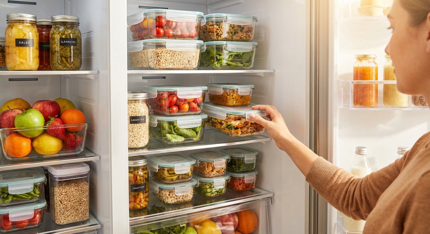 밀폐용기로 정리된 냉장고 내부