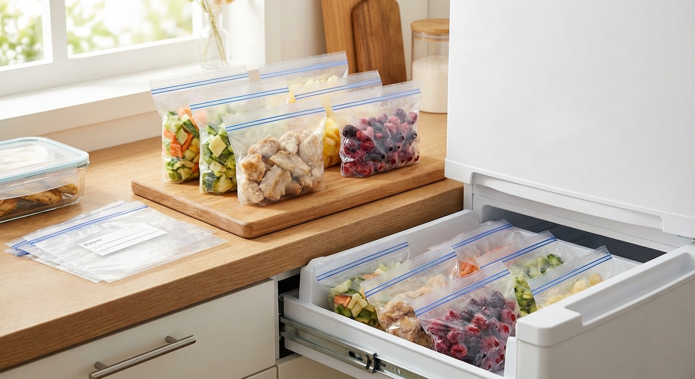 소분된 냉동 식재료와 지퍼백