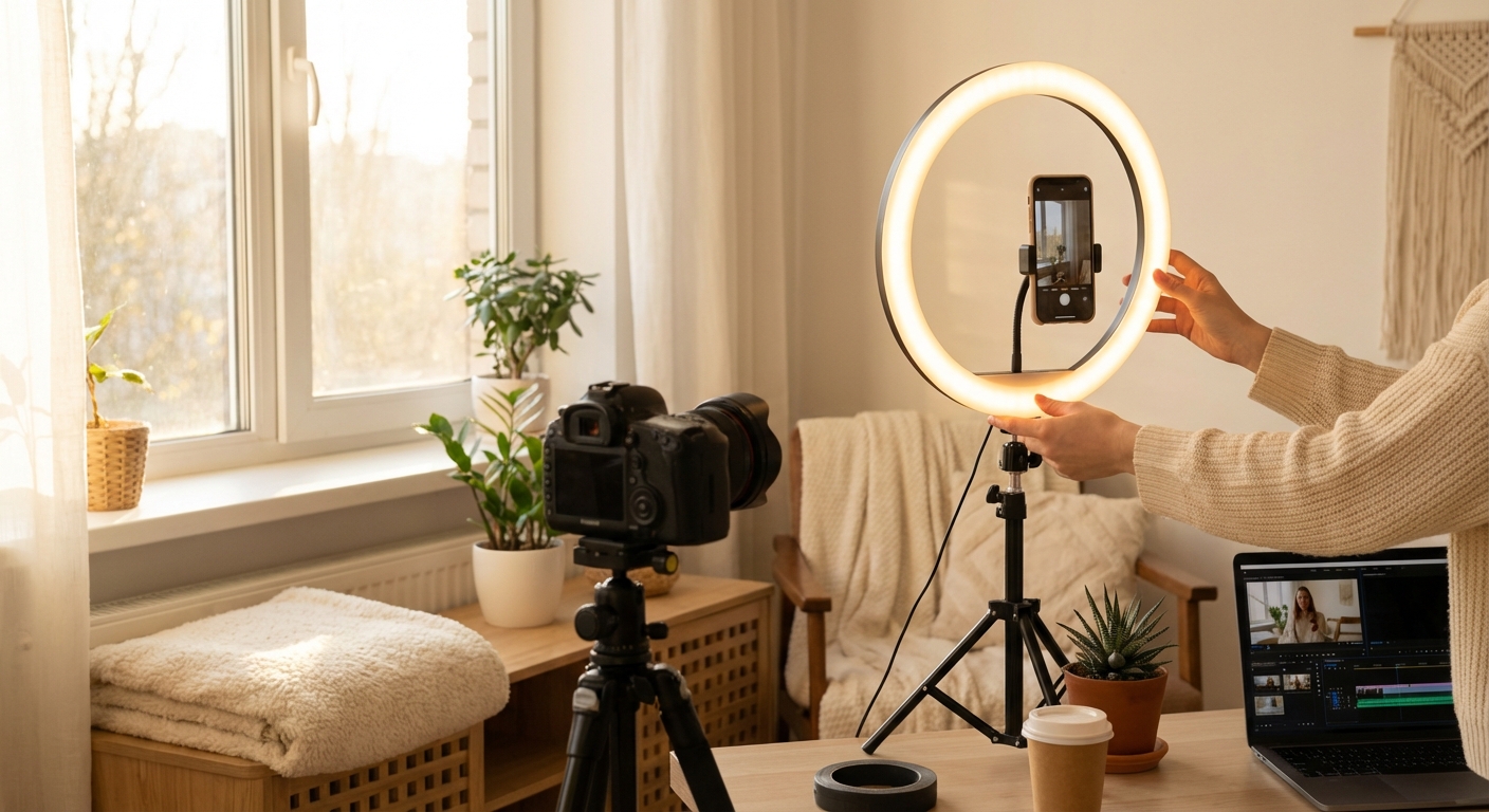 자연광과 링 라이트를 활용한 조명 세팅