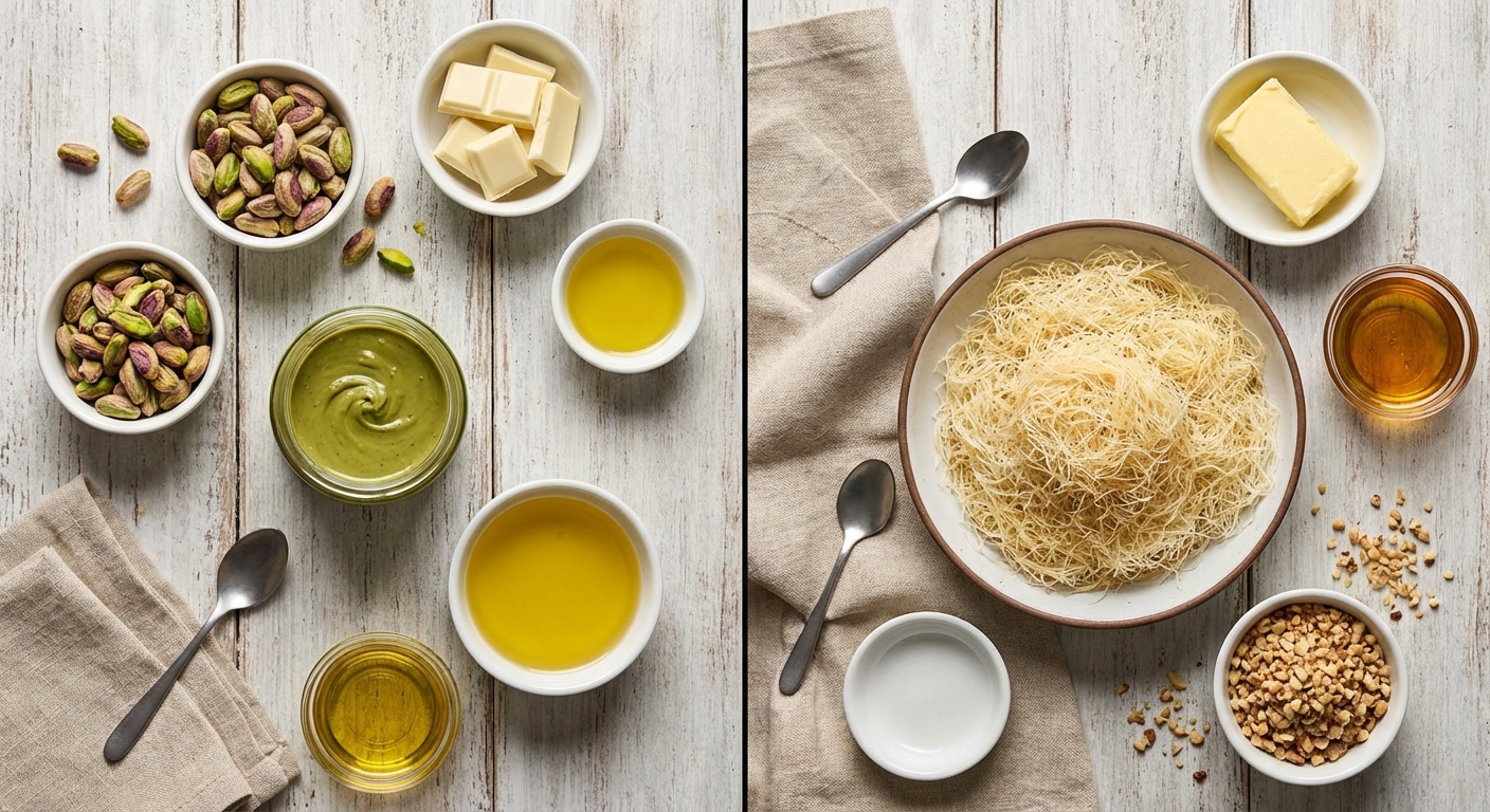 피스타치오 크림과 카다이프 재료 비교