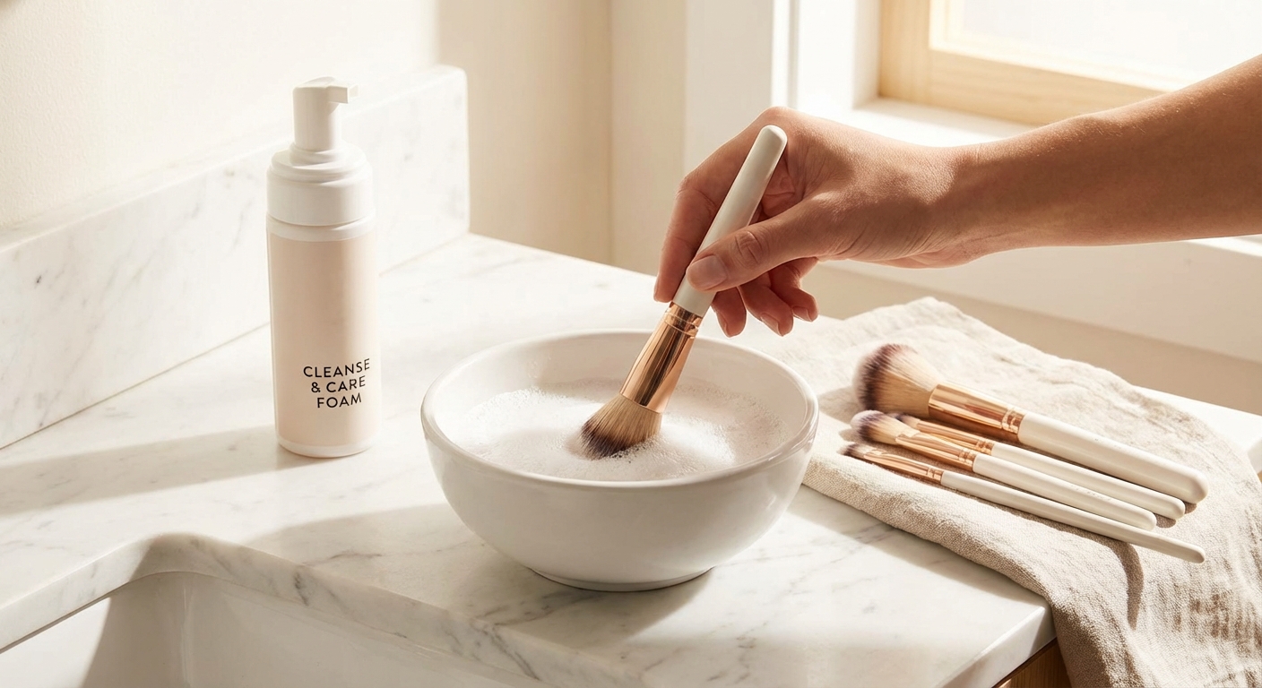 메이크업 브러시를 클렌징폼으로 세척하는 장면