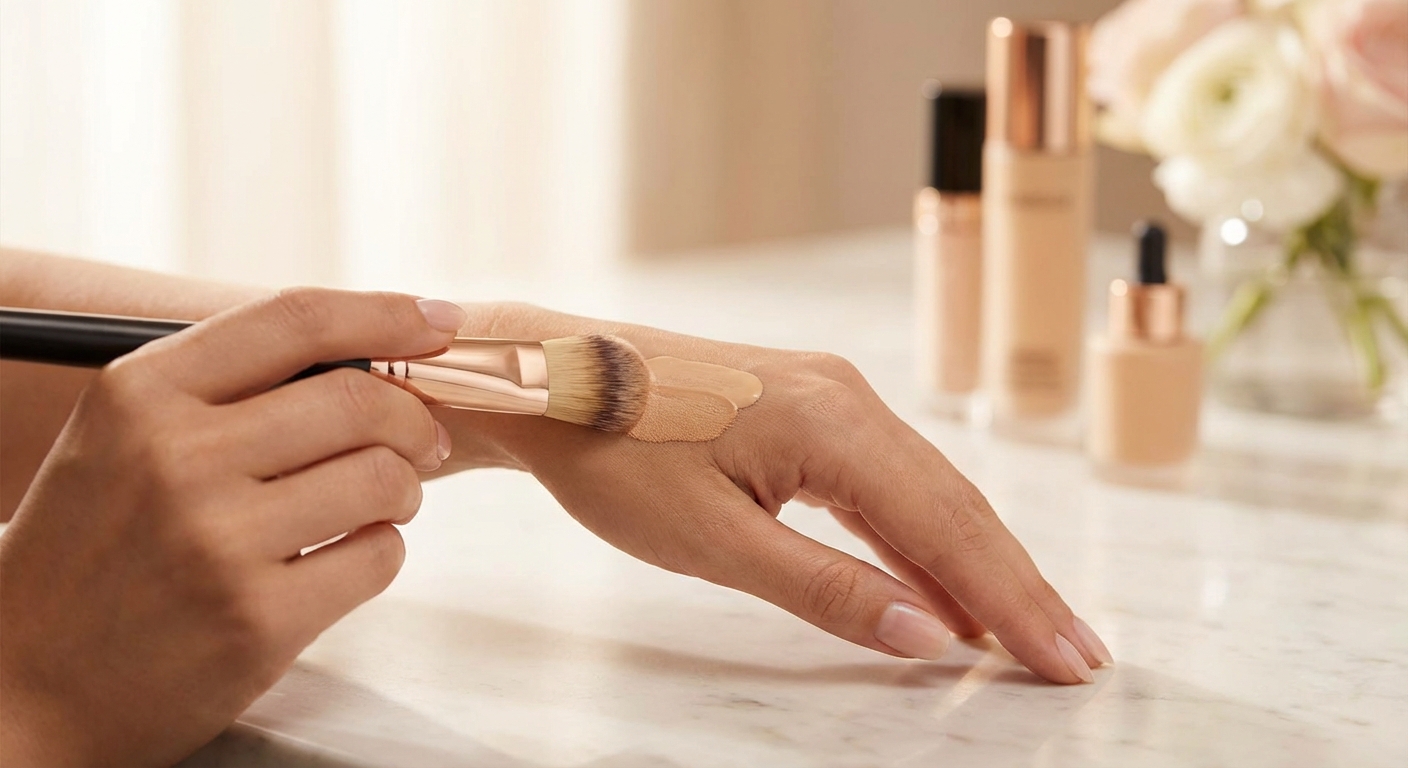 손등에서 파운데이션을 믹싱하는 모습
