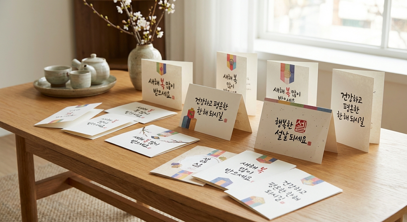 다양한 설날 인사말 문구가 적힌 카드 모음
