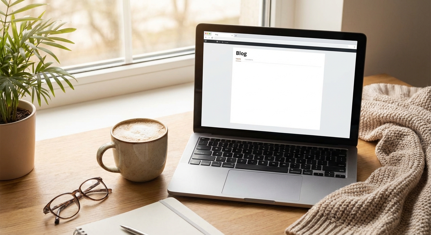 커피잔과 노트북이 놓인 책상 위 모습