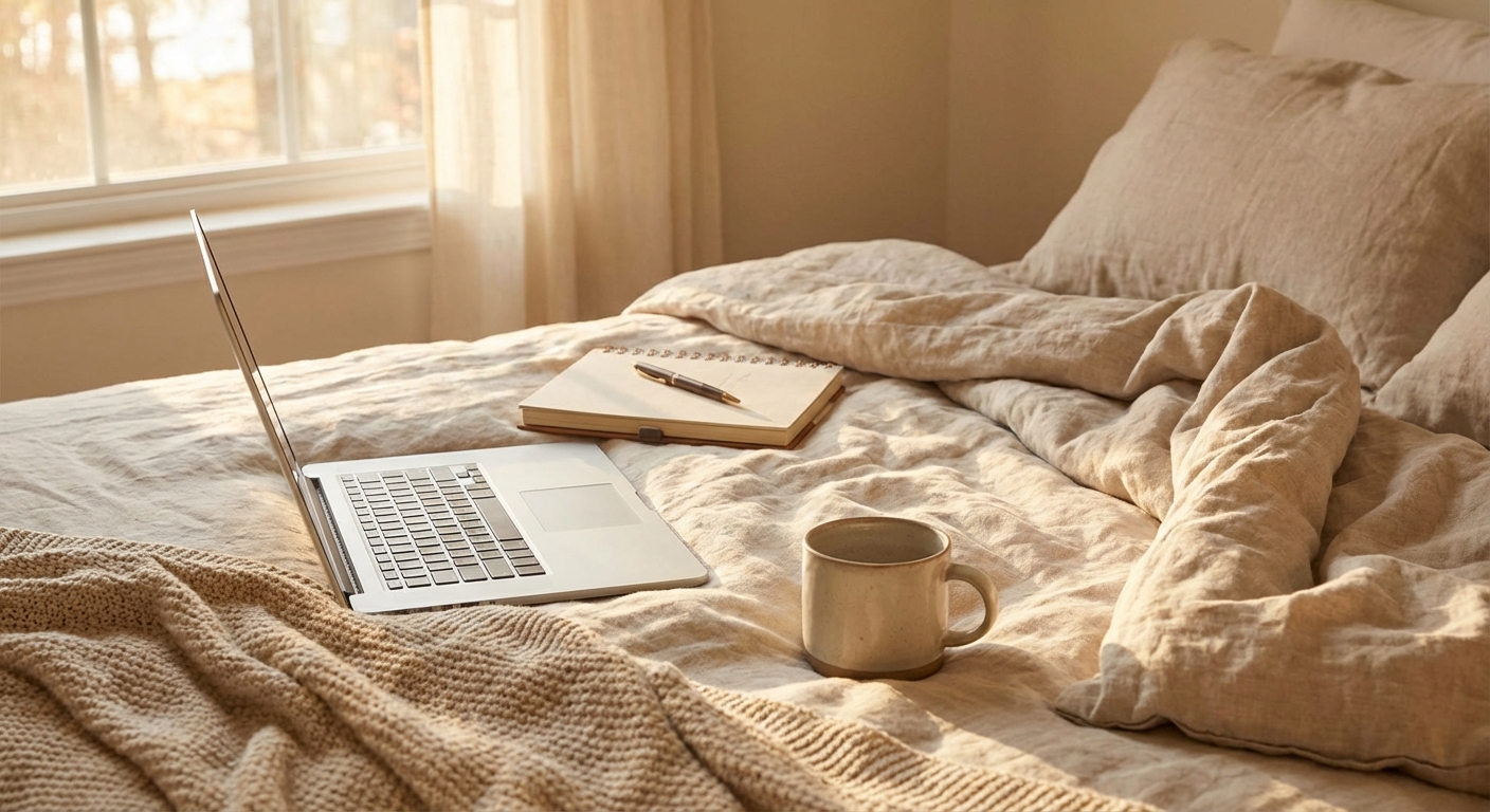 노트북과 노트, 펜이 놓인 침대 위