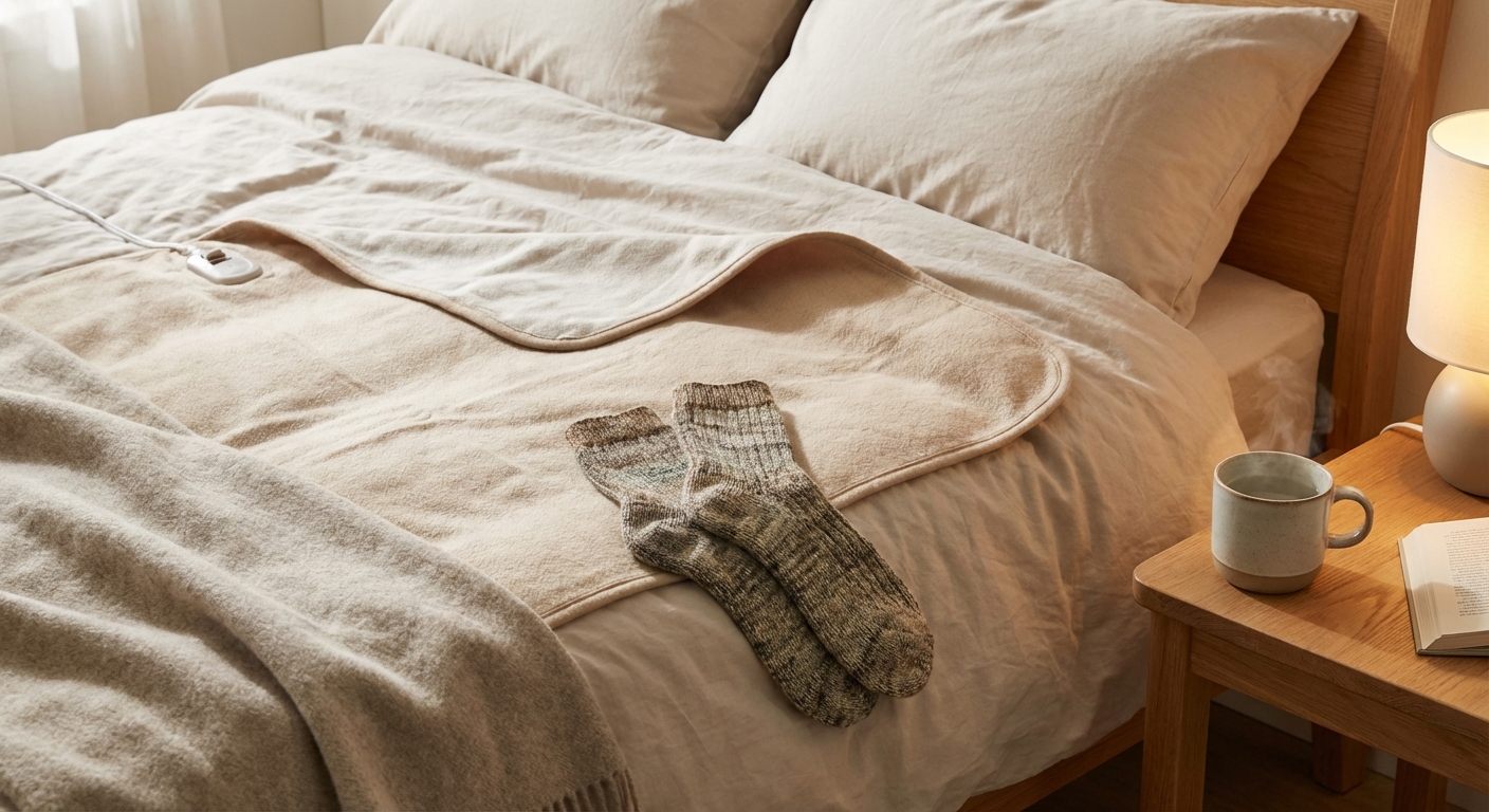 침대 위 전기장판과 수면 양말, 따뜻한 물 한 잔