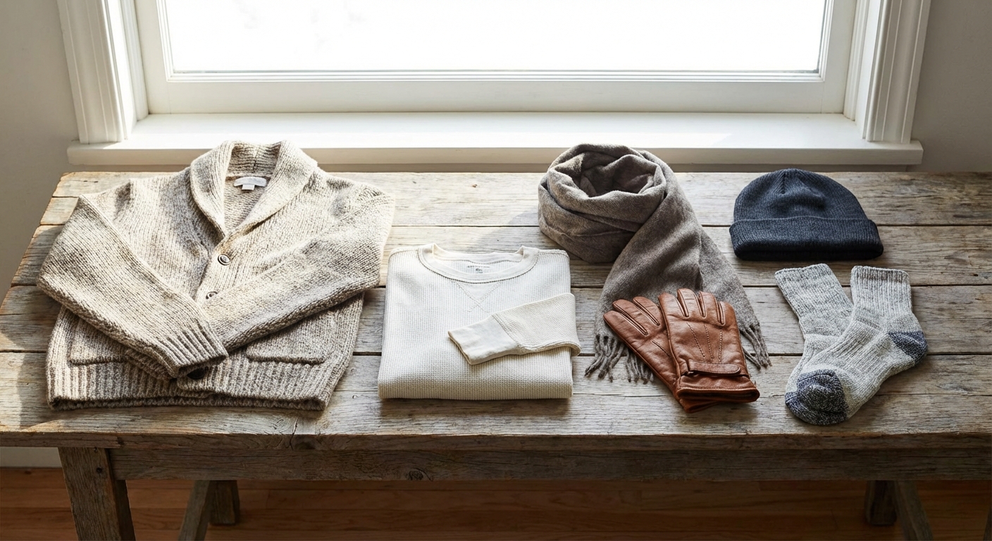 레이어링 옷차림과 방한용품 세트