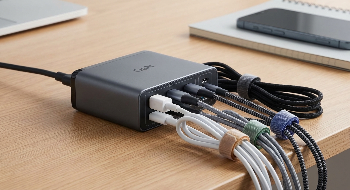 벨크로 타이로 고정된 케이블들과 멀티포트 충전기