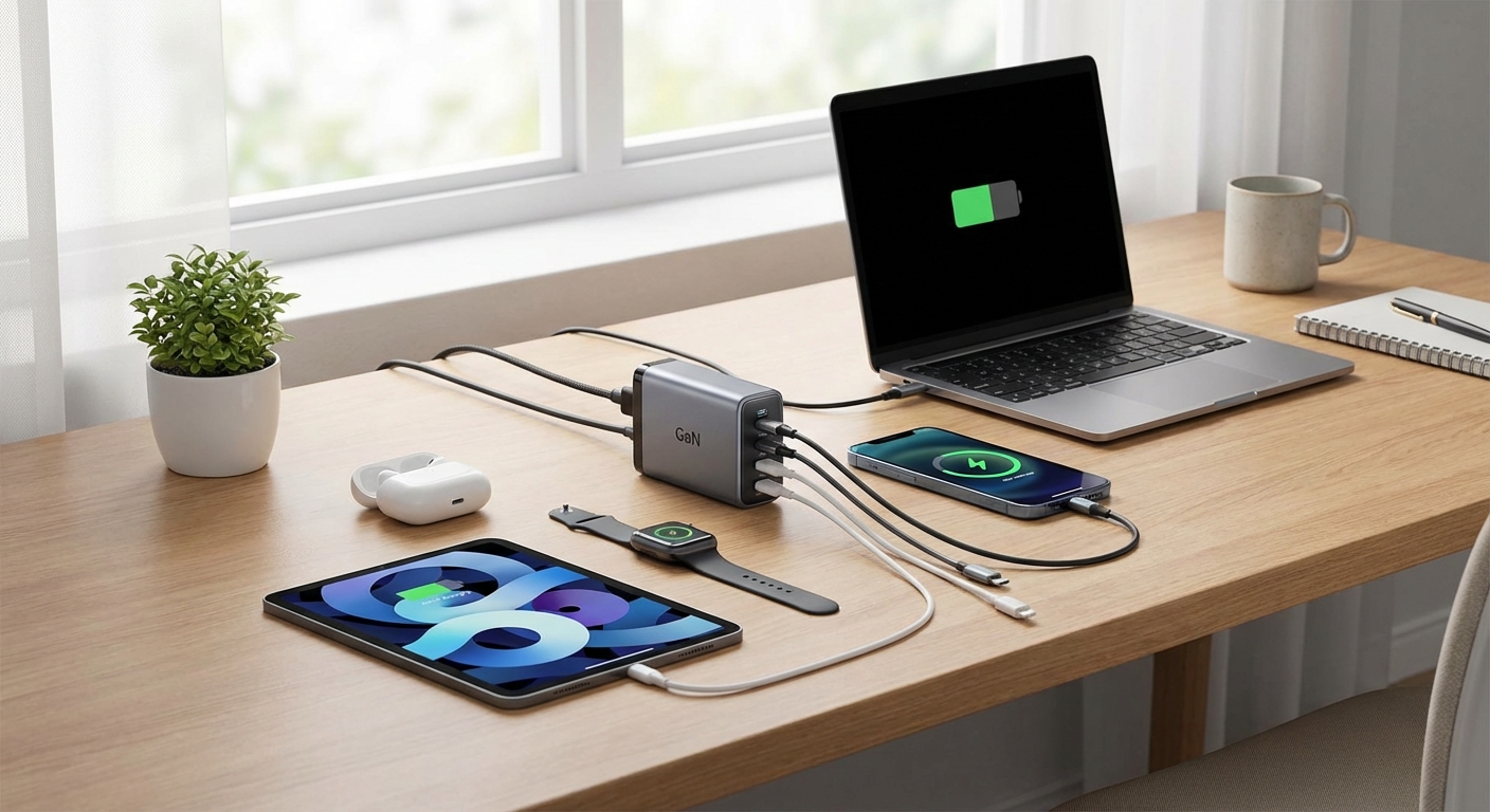 멀티포트 충전기와 여러 기기를 한 번에 충전하는 모습