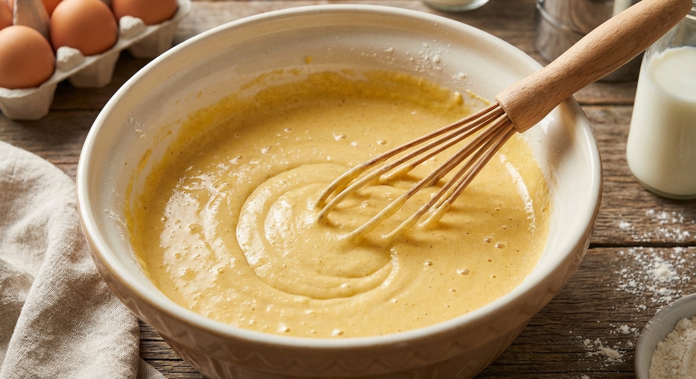 볼에 담긴 노란 핫케이크 반죽