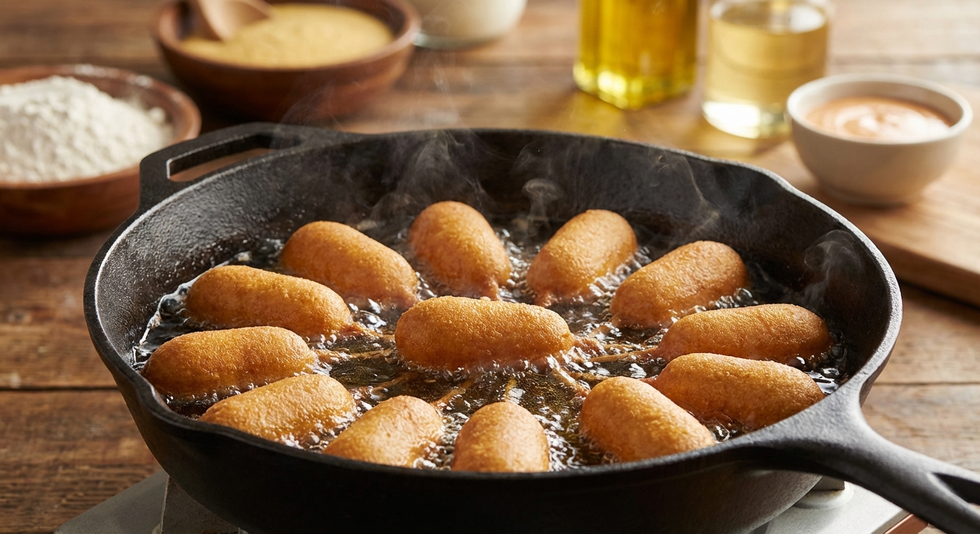 기름에서 노릇노릇 튀겨지는 미니 핫도그