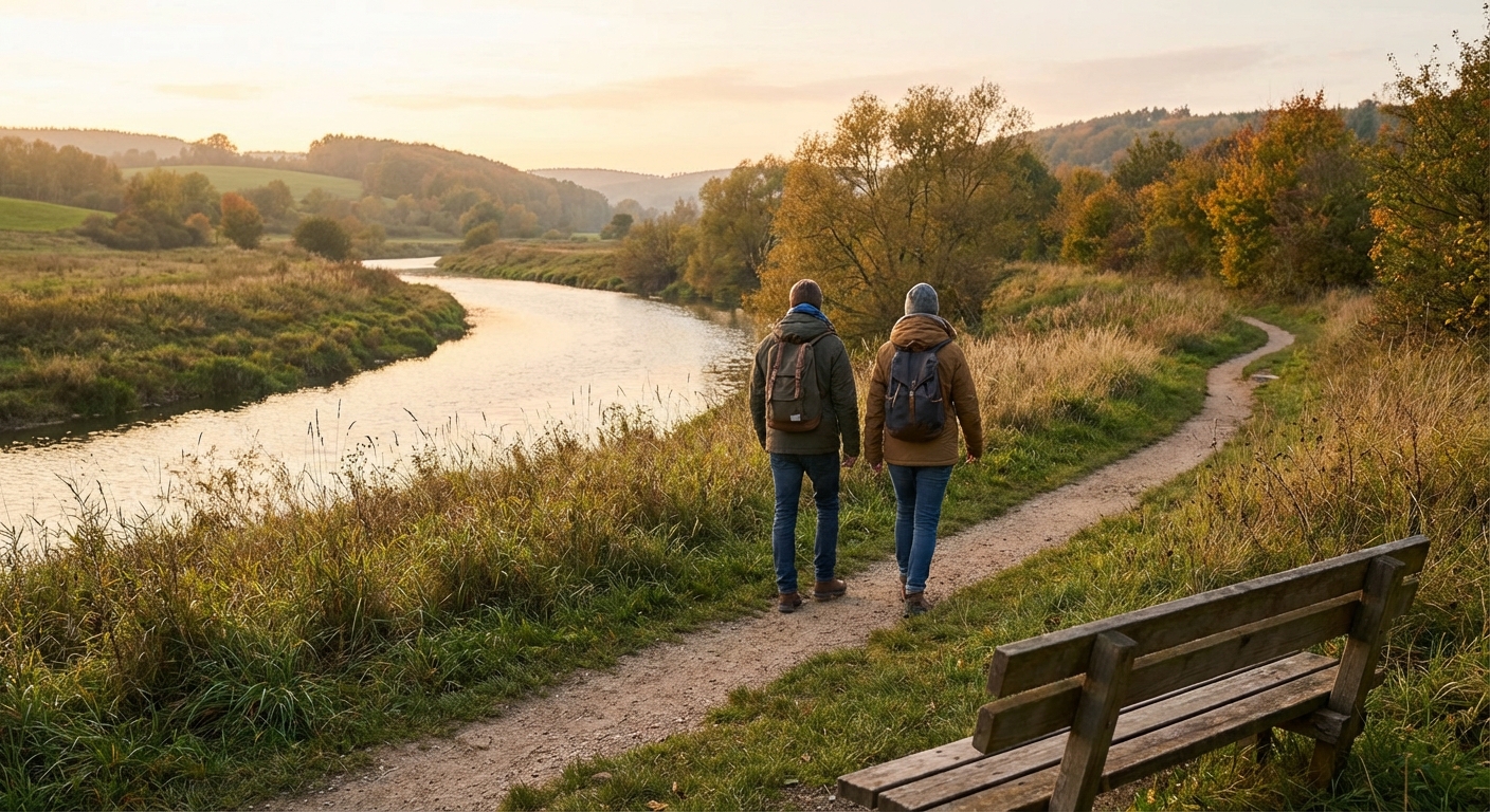 한적한 강변을 걷는 두 사람의 뒷모습
