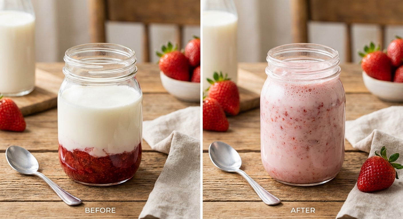 흔들기 전과 후 잼병 우유 비교 사진