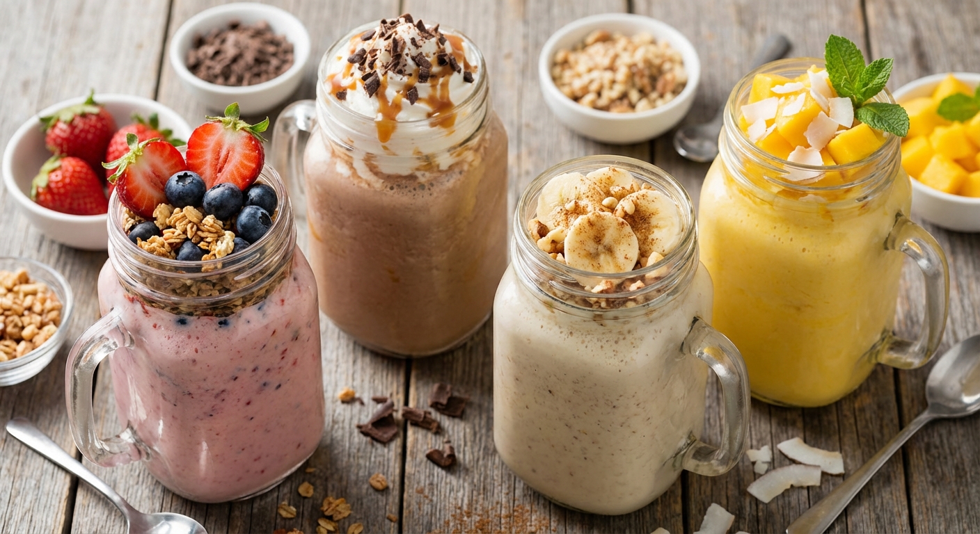 다양한 토핑이 담긴 잼병 쉐이크 바리에이션