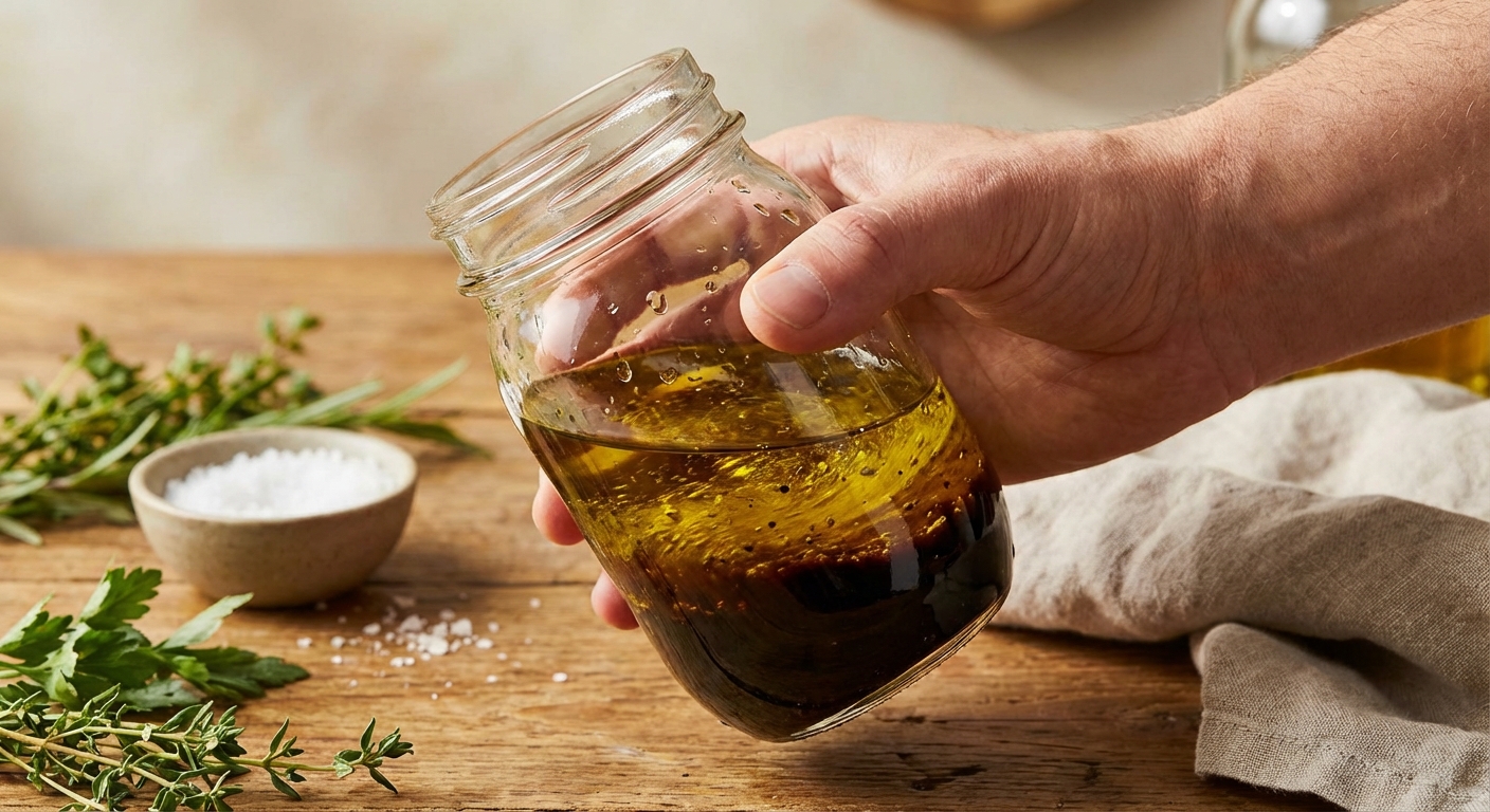 잼통에 오일과 식초를 넣고 흔드는 모습