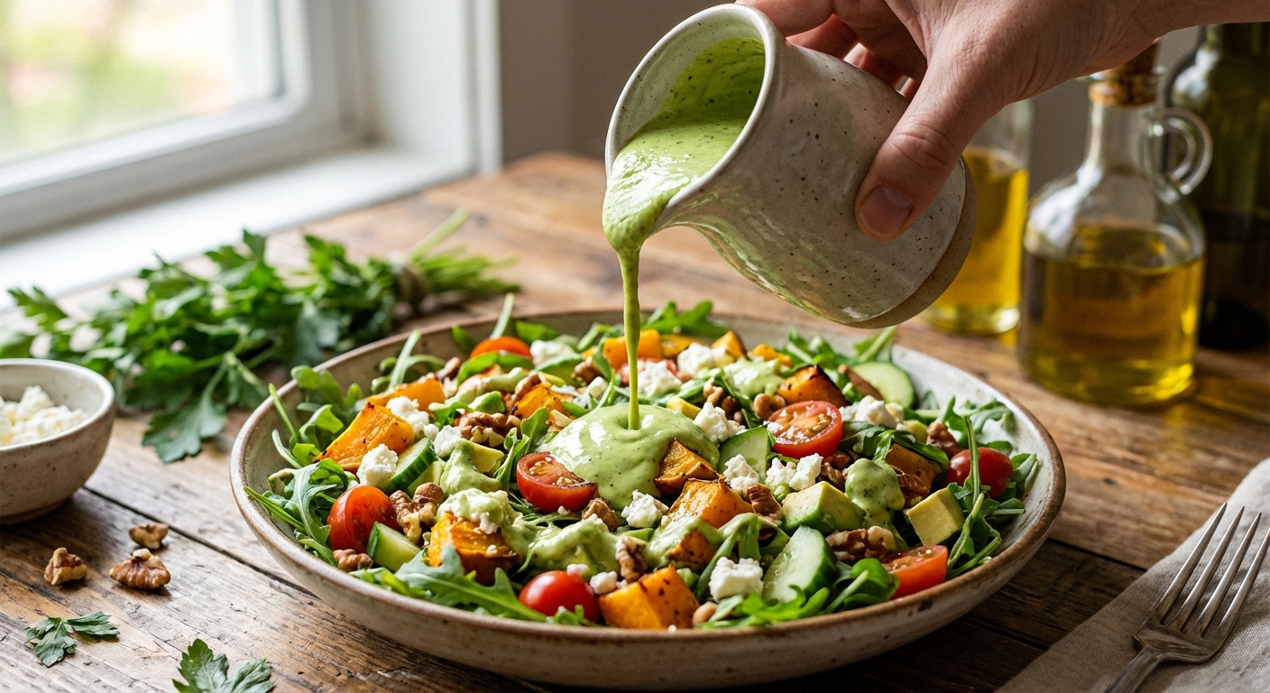 샐러드에 드레싱을 뿌리는 장면