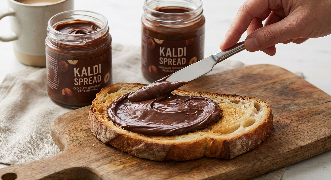 칼디 스프레드를 빵에 고르게 바르는 클로즈업