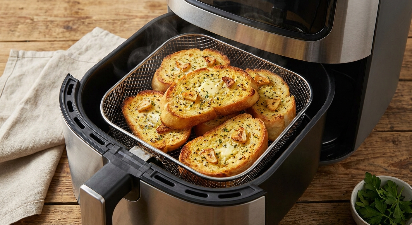 에어프라이어에서 구워진 황금빛 마늘빵