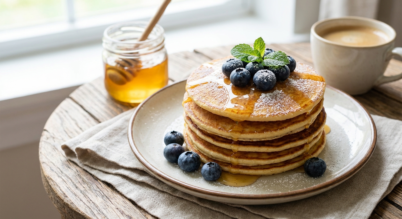 코코넛가루 팬케이크 위에 블루베리와 꿀이 토핑된 플레이팅