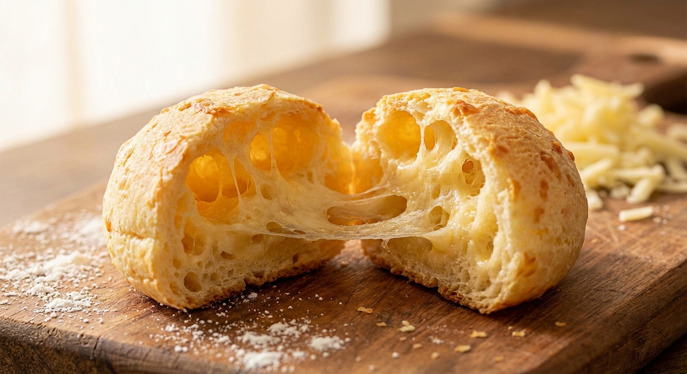 타피오카 가루로 만든 치즈빵 단면, 쫀득한 결 강조