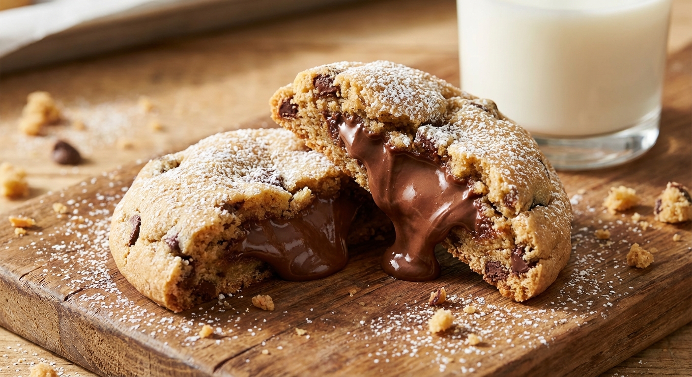 쫀득 쿠키의 단면과 초콜릿 필링