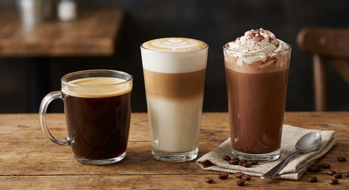 아메리카노, 라떼, 모카가 나란히 놓인 비교 사진