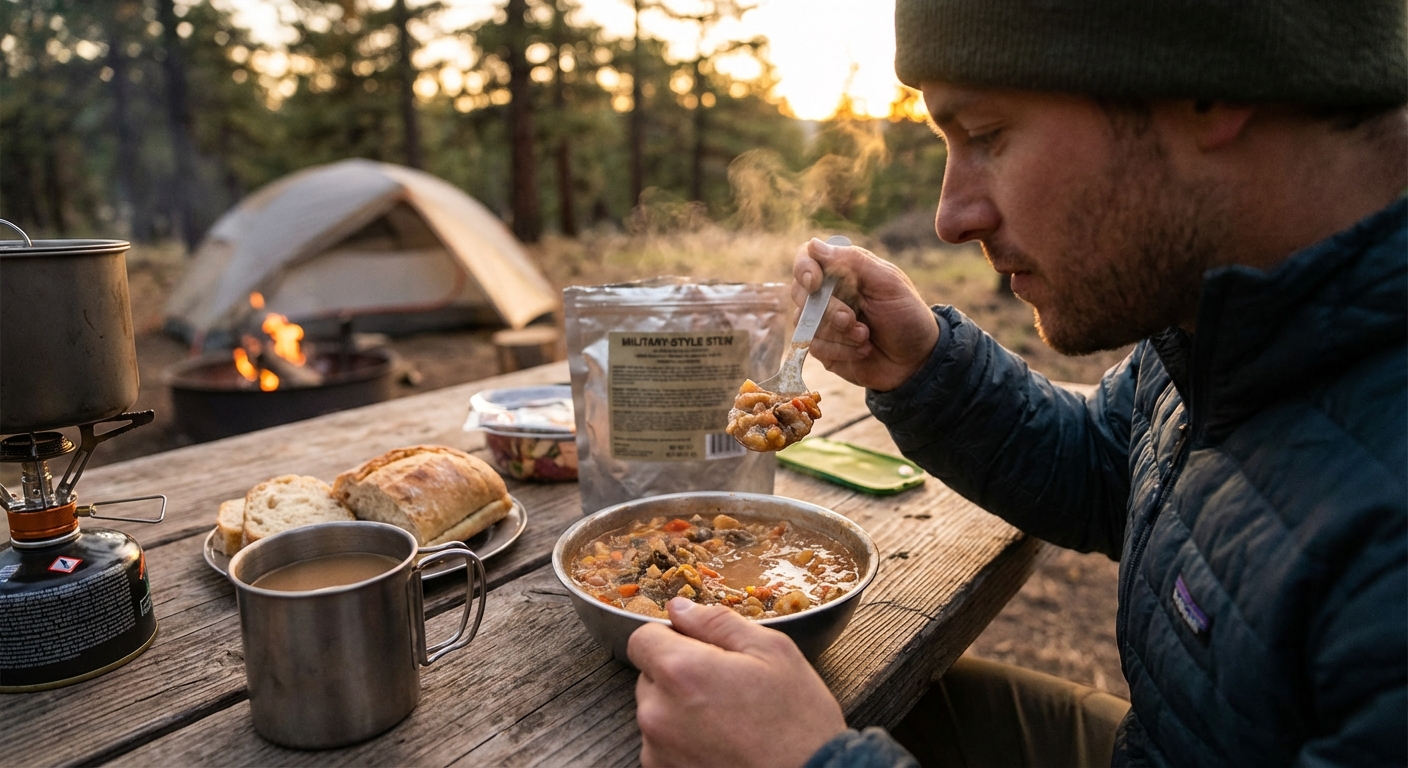 캠핑장에서 전투식량 먹는 모습