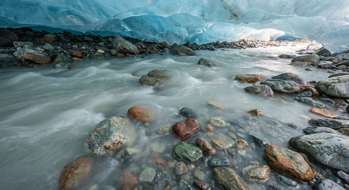 빙하 가루가 섞인 물의 현미경 확대 사진 또는 빙하 밑 암석층