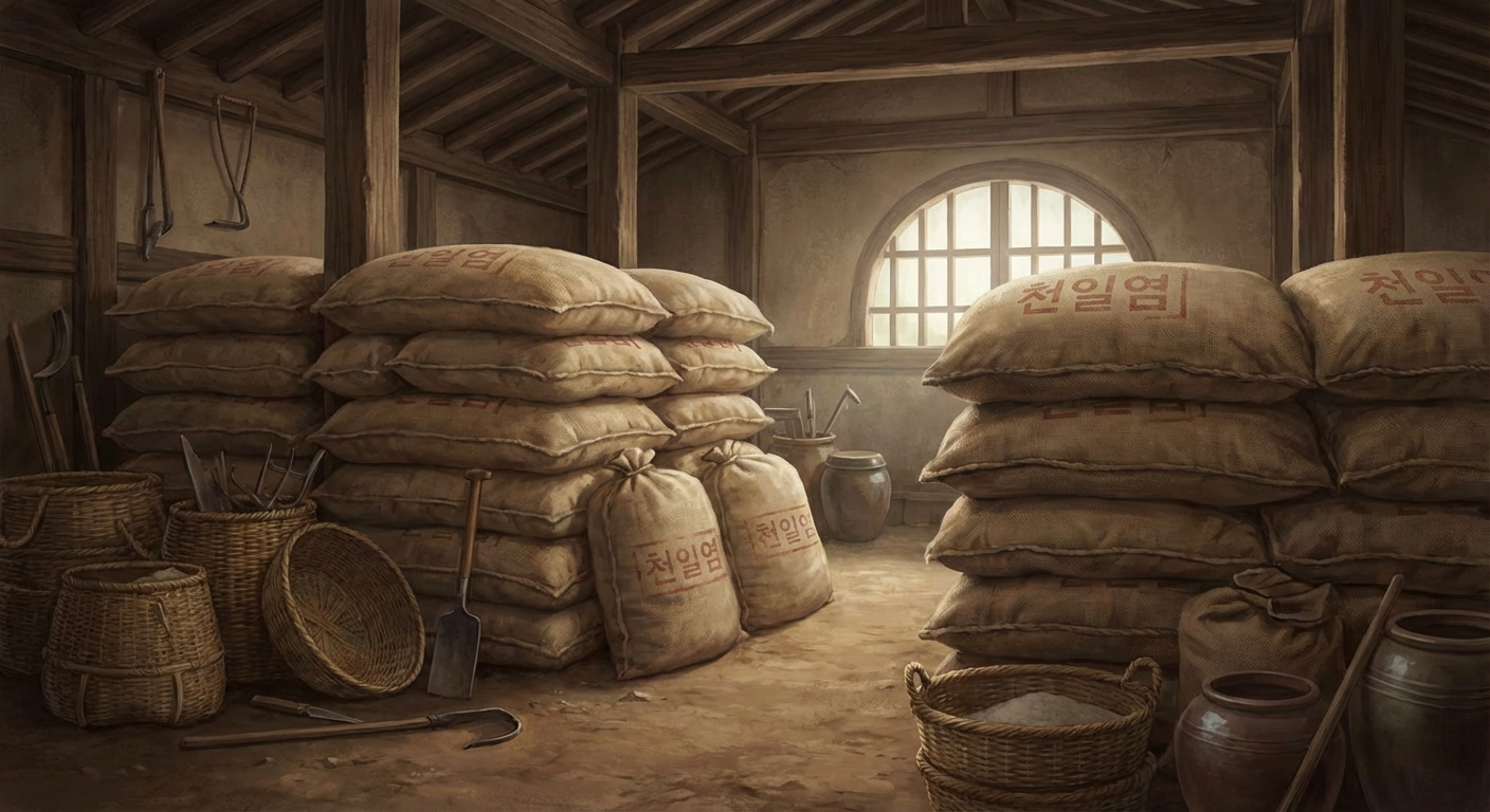 창고에 쌓인 천일염 포대 더미
