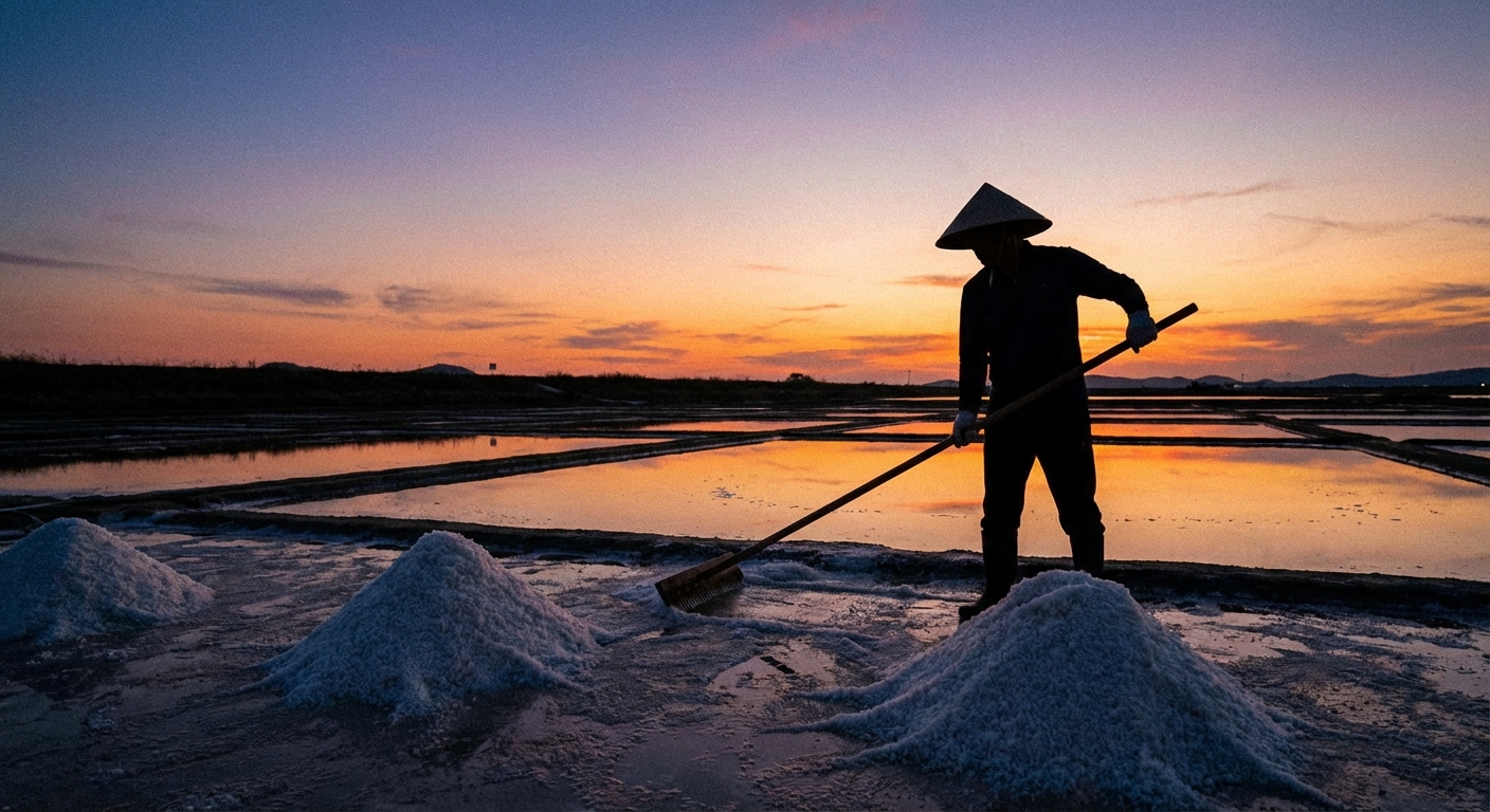 염전 노을과 염부 실루엣