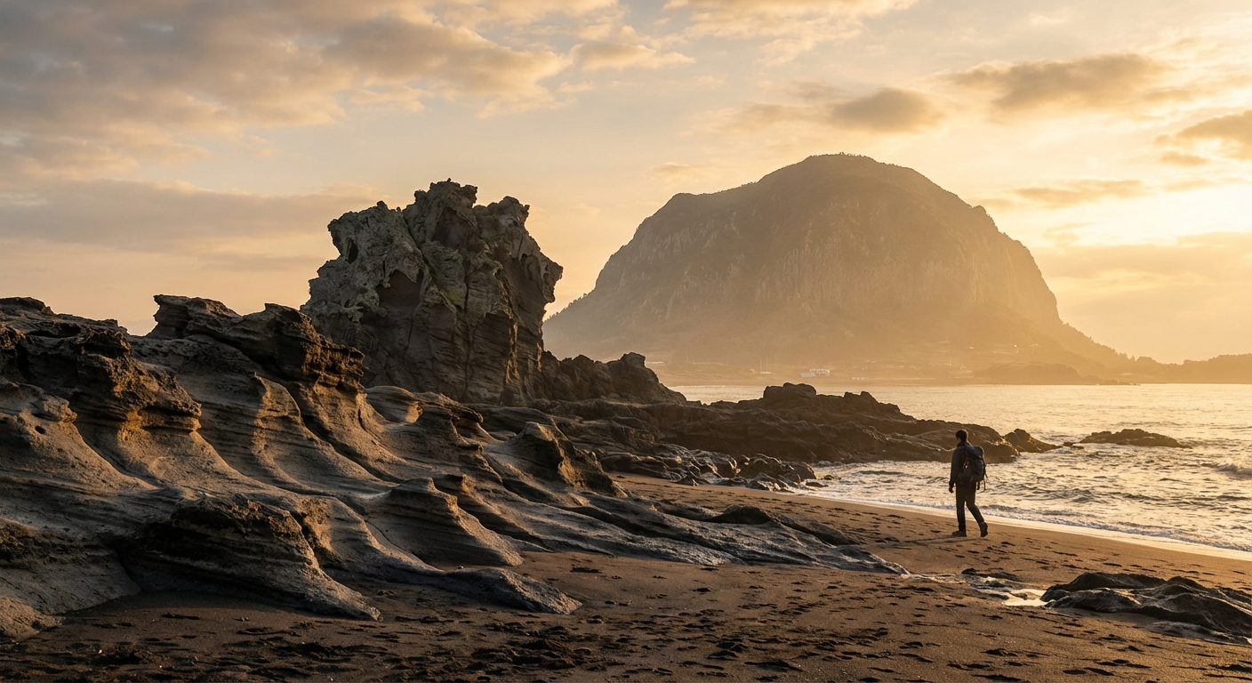 사계리 해안 병풍바위와 산방산