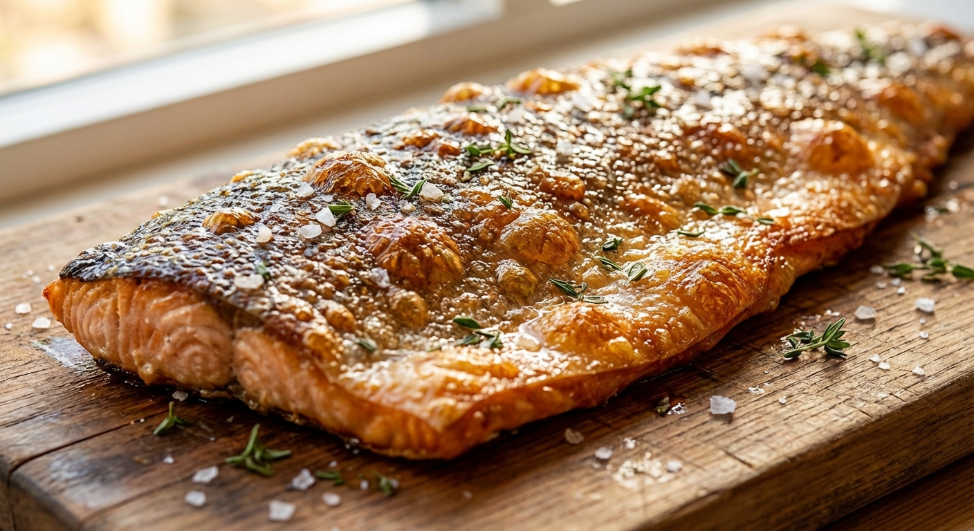 바삭하게 구워진 연어 껍질 클로즈업