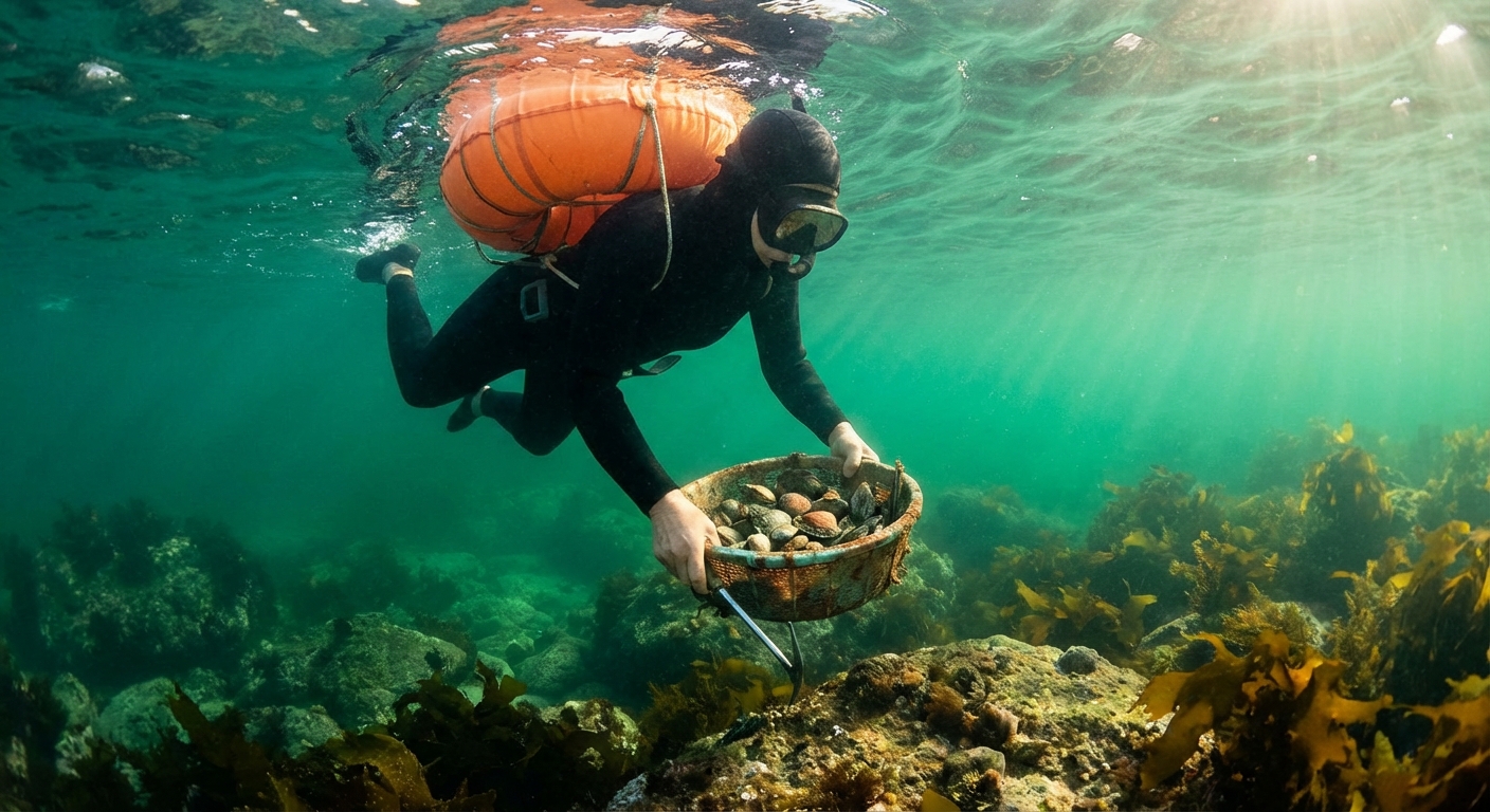 해녀가 바다 속에서 해산물을 채취하는 장면
