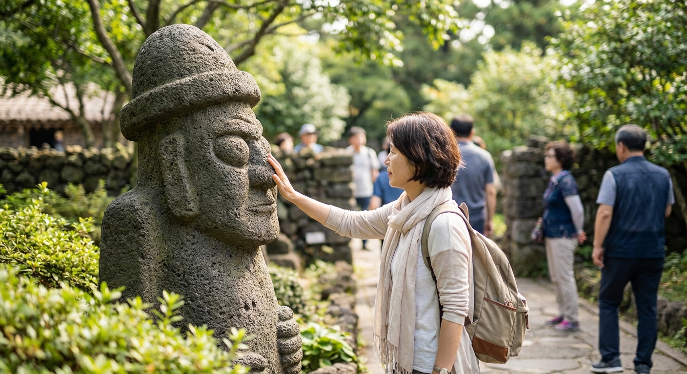 돌하르방 코를 만지는 관광객