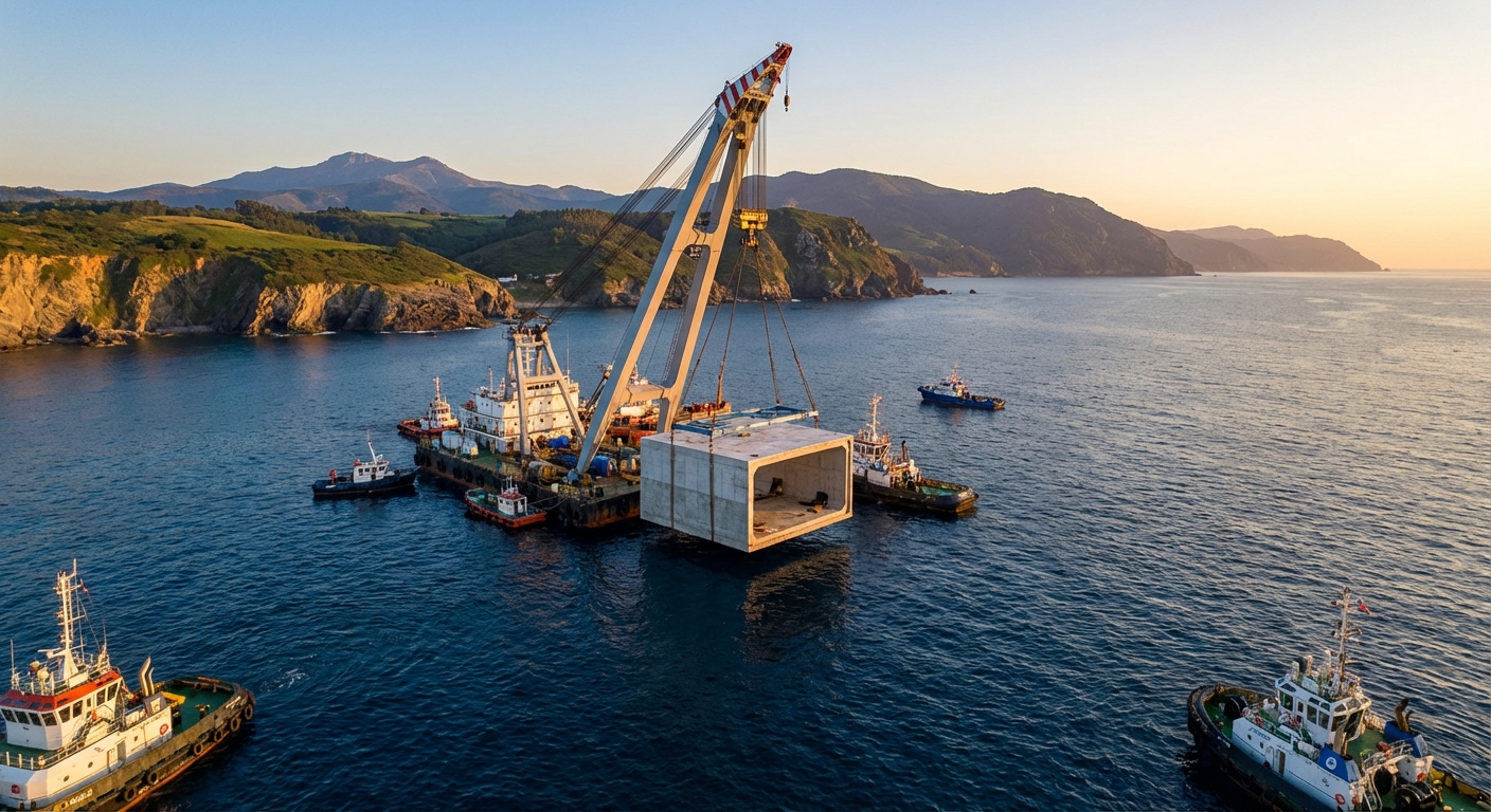침매터널 콘크리트 상자가 해저로 내려가는 장면