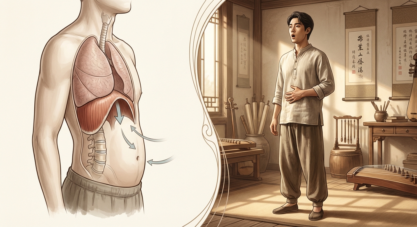 복식 호흡 설명 다이어그램 또는 발성 연습 장면