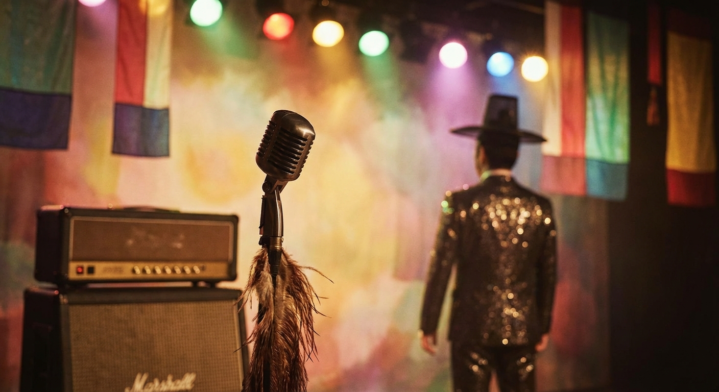 트로트 가수의 무대 모습 또는 음향 장비