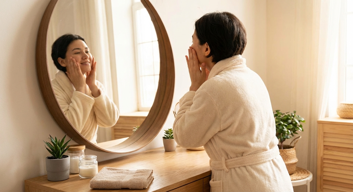 거울을 보며 얼굴 마사지를 하는 모습