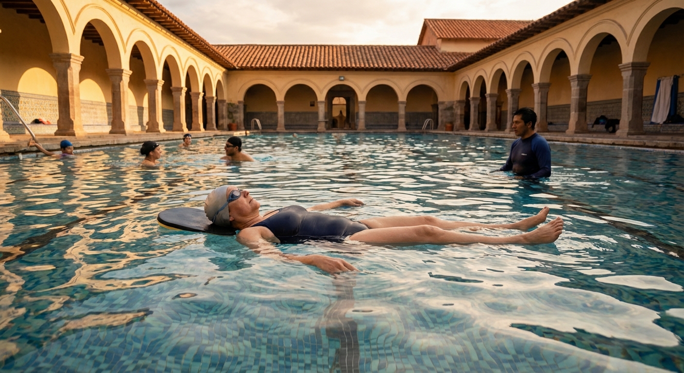 배영 연습 중인 수영 초보자