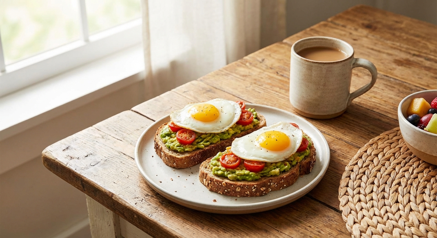 통곡물 빵과 아보카도, 달걀로 차린 아침 식사
