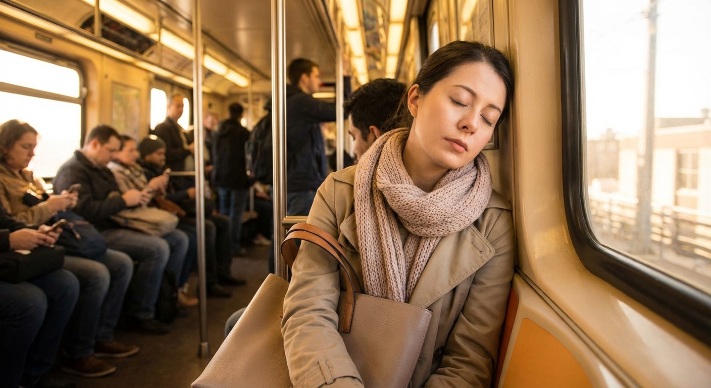 출근길 지하철에서 피곤한 표정의 여성